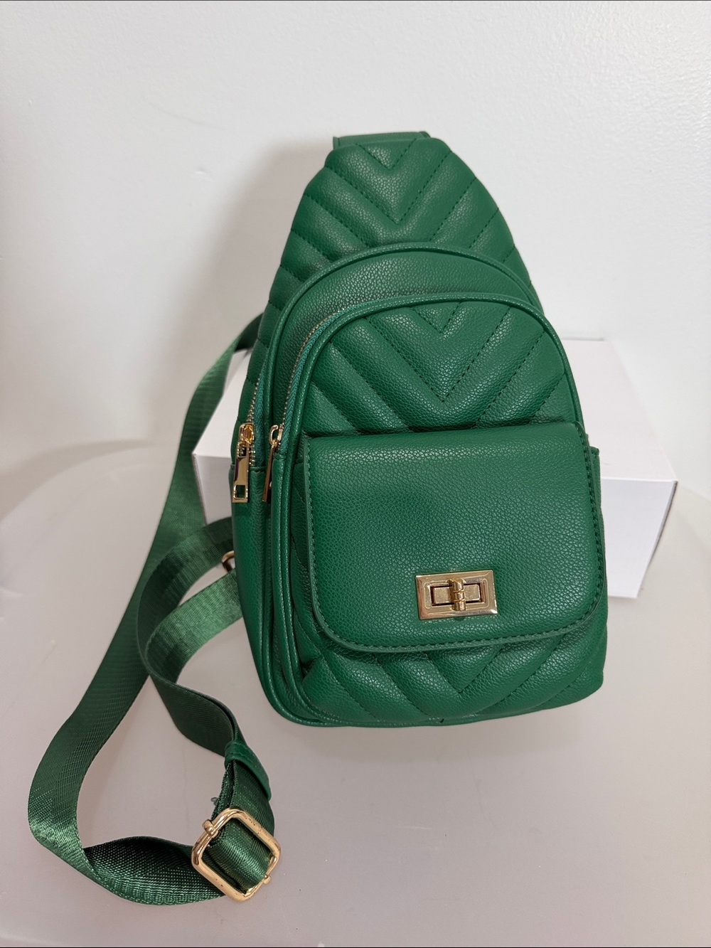 Green Quilted Crossbody Sling Bag with Gold Hardware